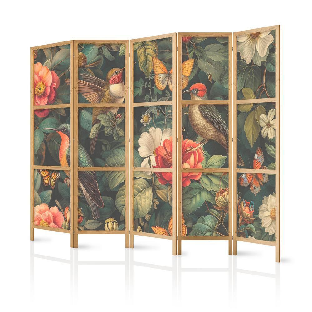 Japanese Room Divider - In the Botanical Garden - Flowers Birds and Butterflies - Colorful Illustration