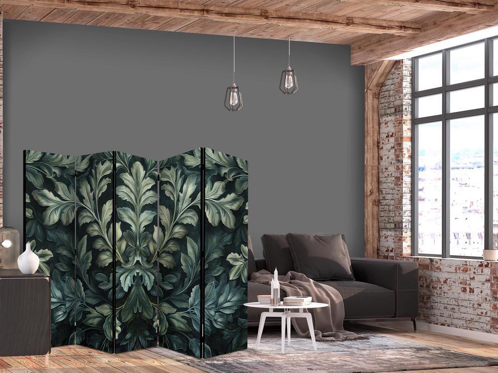 Room Divider - Dark Green Victorian Leaves - Botanical Carved Composition- A 5 Panel Folding Screen For Living rooms, bedrooms or home office, decorative folding screen made with wood and canvas