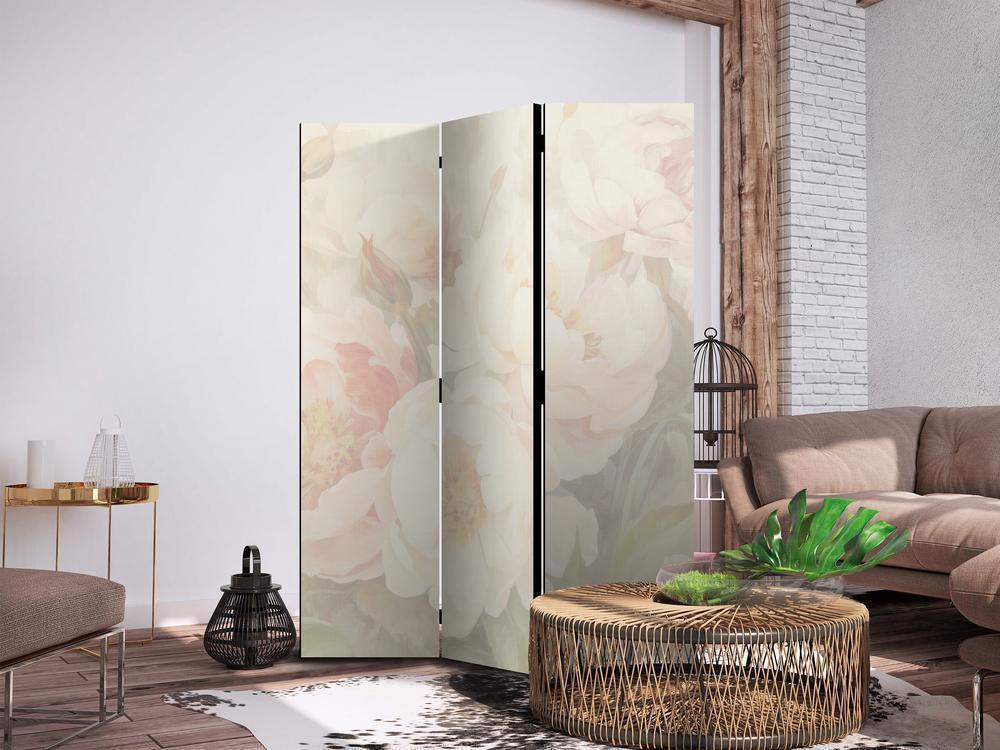 Room Divider - Blooming Peonies - Bright Large Flowers Enveloped in White Mist