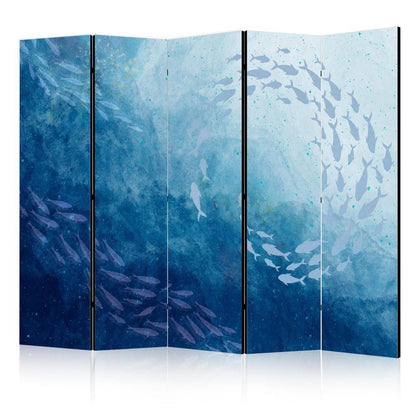 Room Divider - Schools of Fish - Luminous Clusters of Fish in Blue Colors Among Sea Depths- A 5 Panel Folding Screen For Living rooms, bedrooms or home office, decorative folding screen made with wood and canvas