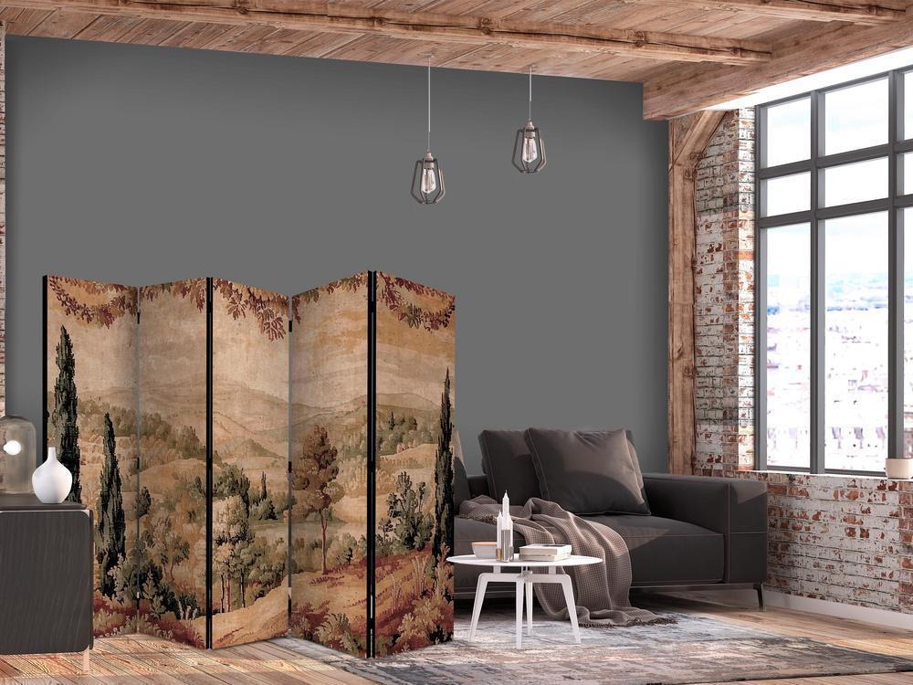 Room Divider - Landscape with Cypresses - Old Tapestry with Mediterranean Vegetation- A 5 Panel Folding Screen For Living rooms, bedrooms or home office, decorative folding screen made with wood and canvas