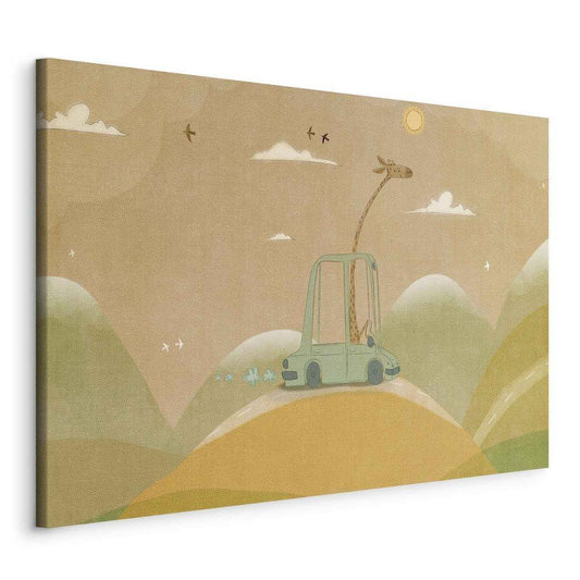 Canvas Print - Dreamy Traveler - A Cheerful Giraffe Driving a Car on a Sunny Day