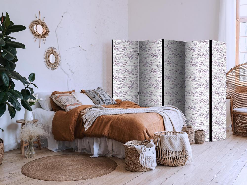 Room Divider - Fish in Muted Colors - a School of Small Fishes in Light Purple And Delicate Pink Against Grey Waves- A 5 Panel Folding Screen For Living rooms, bedrooms or home office, decorative folding screen made with wood and canvas