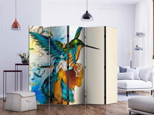 Decorative partition-Room Divider - Bird's Music II-Folding Screen Wall Panel by ArtfulPrivacy