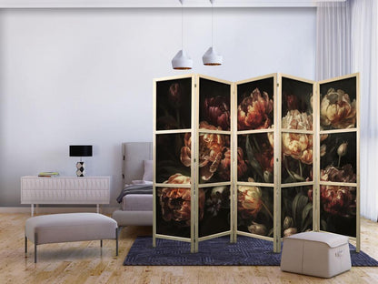 Japanese Room Divider - Magnificent Tulips - Bouquet of Flowers in Red and White on a Black Background