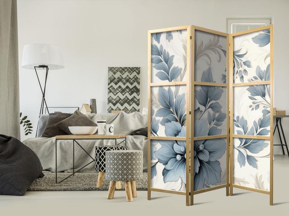 Japanese Room Divider - Turquoise Flowers in Retro Ambiance - Floral Ornaments