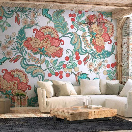 Wall Mural - Ethnic vegetation - plant motif with ornaments in coloured flowers-Wall Murals-ArtfulPrivacy