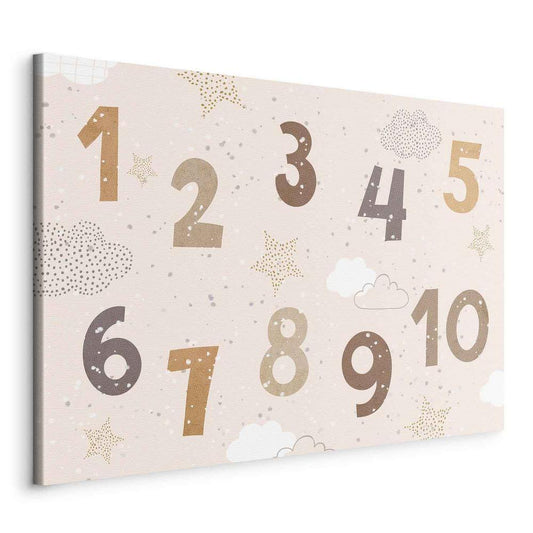 Canvas Print - Jumping Numbers - Numbers in a Subdued Beige-Brown Hue Among Snowflakes Stars and Clouds