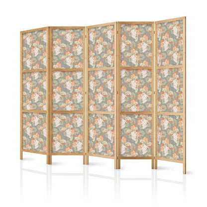 Japanese Room Divider - Little Bouquets - Exotic Flowers and Leaves on a Gray-Green Background