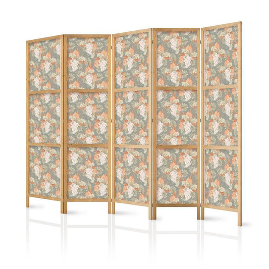 Japanese Room Divider - Little Bouquets - Exotic Flowers and Leaves on a Gray-Green Background