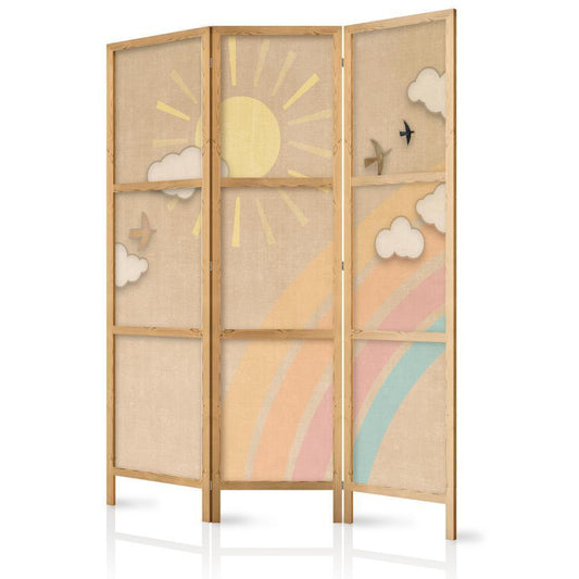 Japanese Room Divider - Holiday Sky - A Rainbow on a Sunny Day and Flying Birds