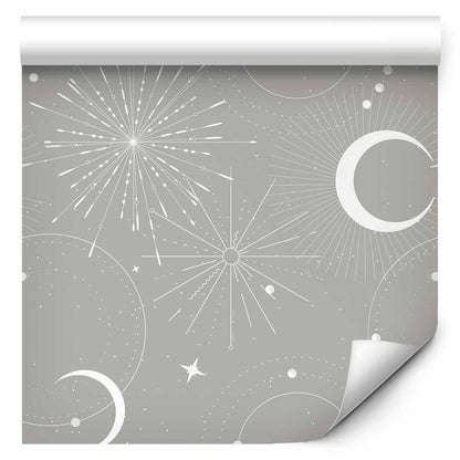 Wallpaper - Cosmic Fireworks - Elegant pattern with moons and stars on a gray background