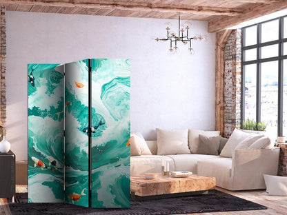 Room Divider - Koi Fish Among Waves - Japanese Fish Among Waves in Shades of Turquoise And White