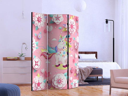 Decorative partition-Room Divider - Unicorn on Flowerbed-Folding Screen Wall Panel by ArtfulPrivacy