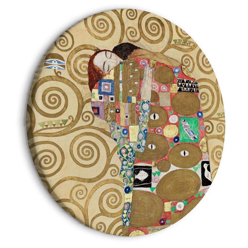 Circle shape wall decoration with printed design - Round Canvas Print - The Fulfillment of Gustav Klimt - An Abstract Portrait of a Couple in an Embrace - ArtfulPrivacy