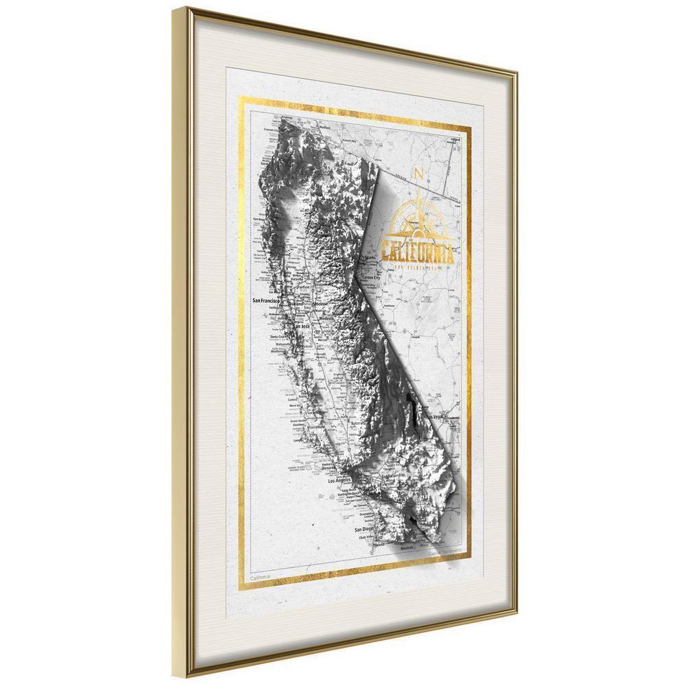 Golden Art Poster - Raised Relief Map: California-artwork for wall with acrylic glass protection