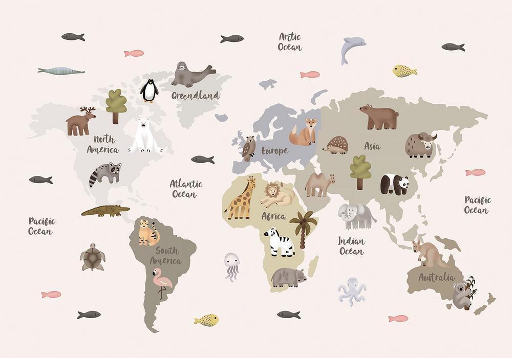 Wall Mural - Pastel Map - Animals and Continents for Children's Room-Wall Murals-ArtfulPrivacy