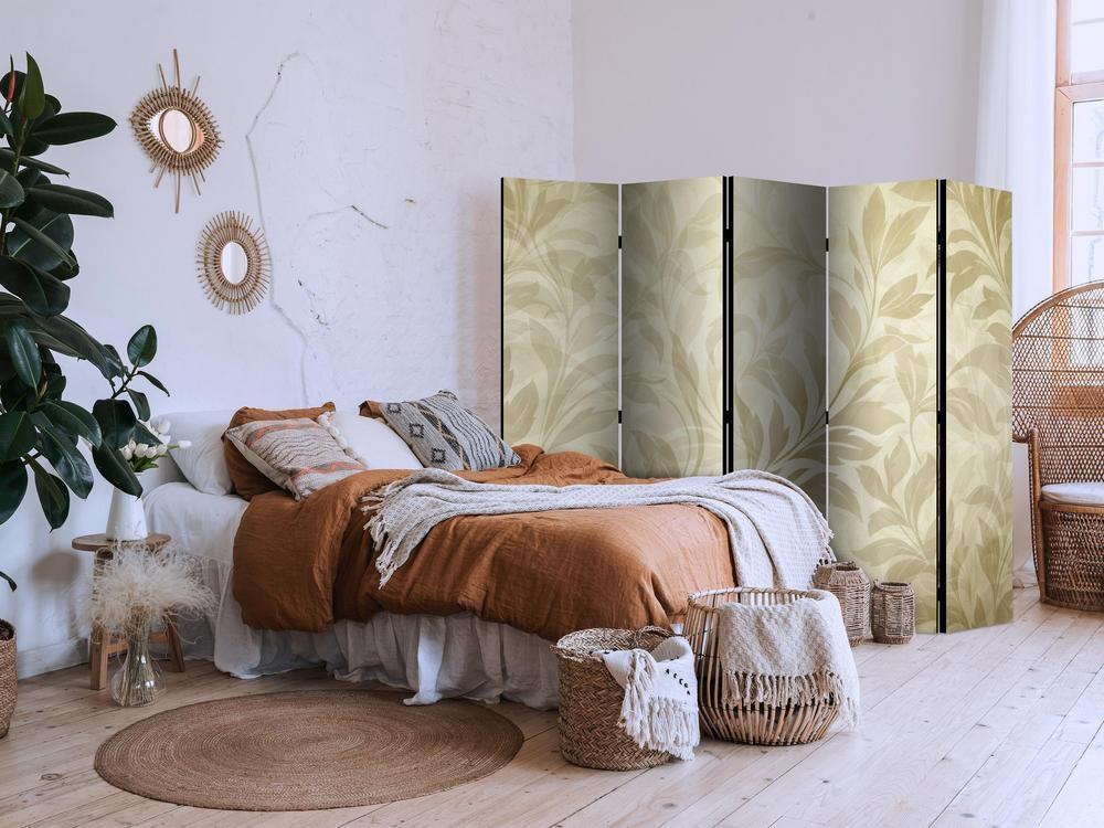 Room Divider - Botanical Motif with Leaves and Vines in Sandy Colors- A 5 Panel Folding Screen For Living rooms, bedrooms or home office, decorative folding screen made with wood and canvas