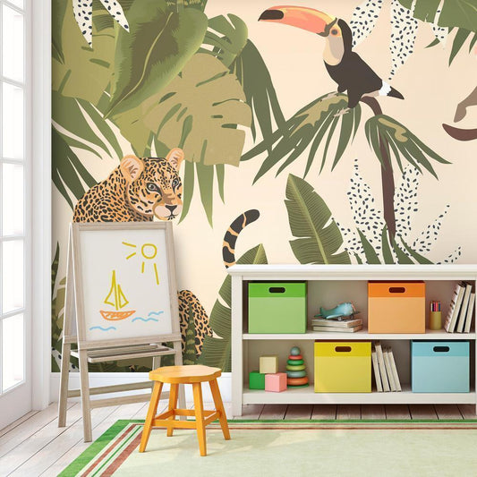 Wall Mural - Leaves and Shapes - Jungle in Faded Colours With Animals-Wall Murals-ArtfulPrivacy