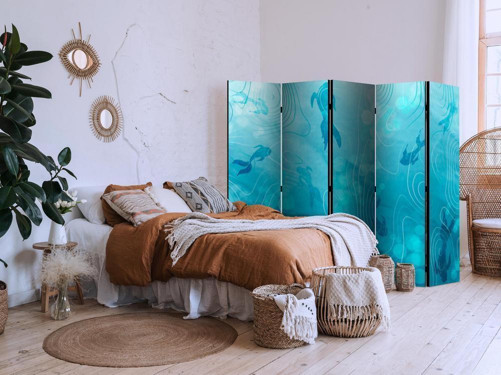 Room Divider - Koi Fish Beneath the Water Surface - A Cluster of Japanese Fish in the Depths of the Pond in Shades of Navy and Blue- A 5 Panel Folding Screen For Living rooms, bedrooms or home office, decorative folding screen made with wood and canvas