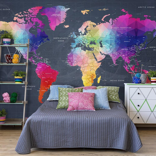 Wall Mural - Coloured world map - geometric outline with inscriptions in English-Wall Murals-ArtfulPrivacy