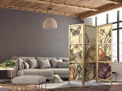 Japanese Room Divider - Tulips in Cream - Illustration of Flowers and Butterflies on a Light Background