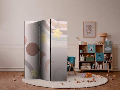 Room Divider - Joyful Sky - Yellow Cheerful Stars with a Rainbow Against the Phases of the Moon - in the Sky Colored Light Beige