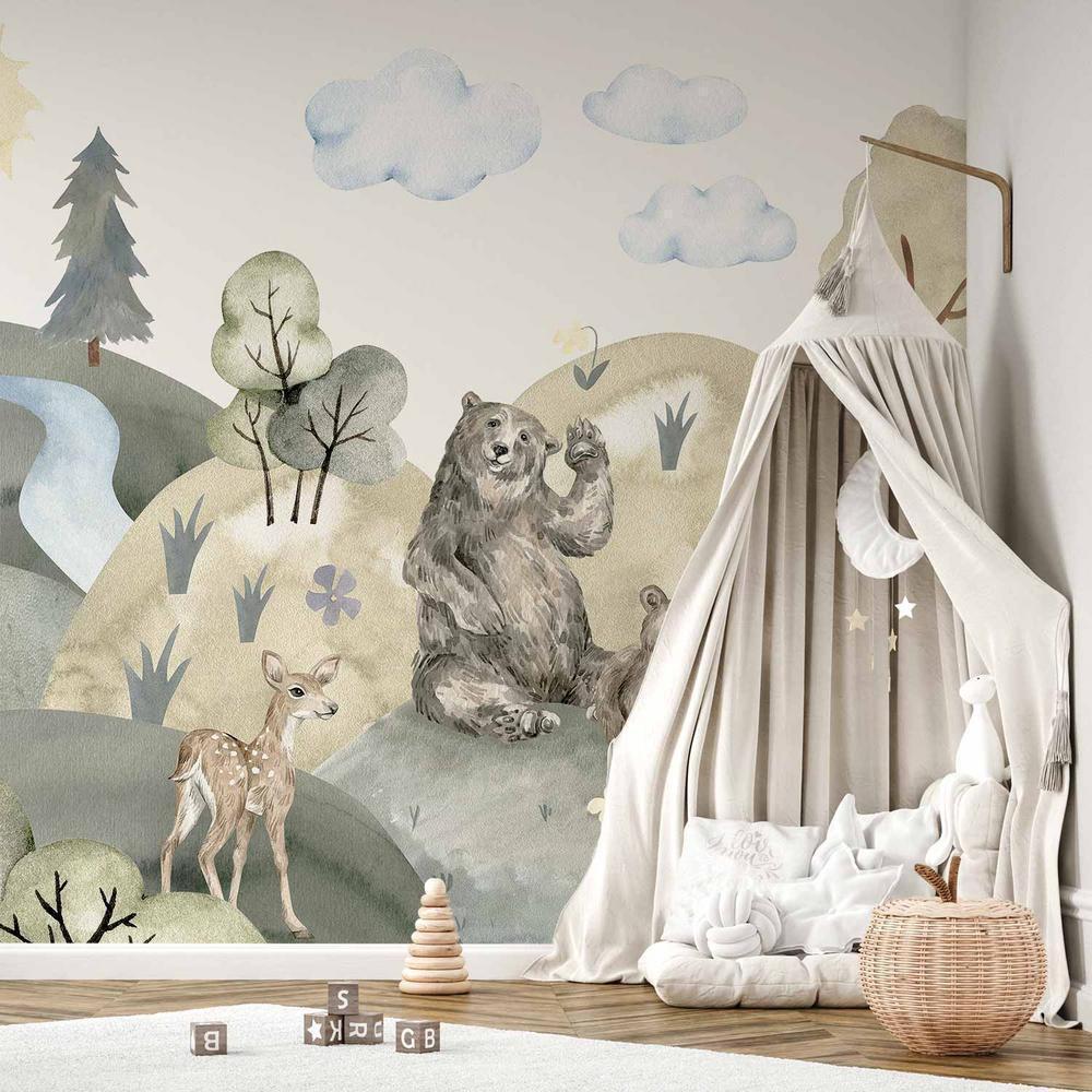 Wall Mural - Green Hills - a Valley With Animals Painted in Watercolours