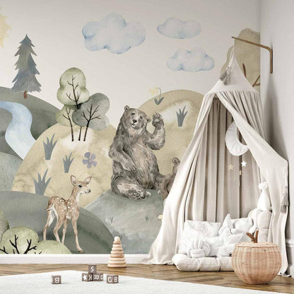 Wall Mural - Green Hills - a Valley With Animals Painted in Watercolours