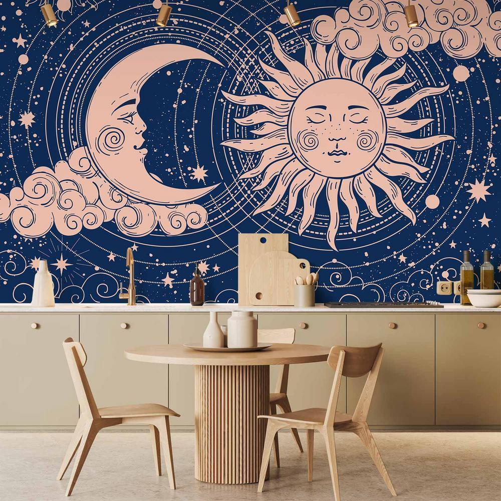 Wall Mural - Cosmic Harmony - Illustration of the Sun and Moon on a Navy Background