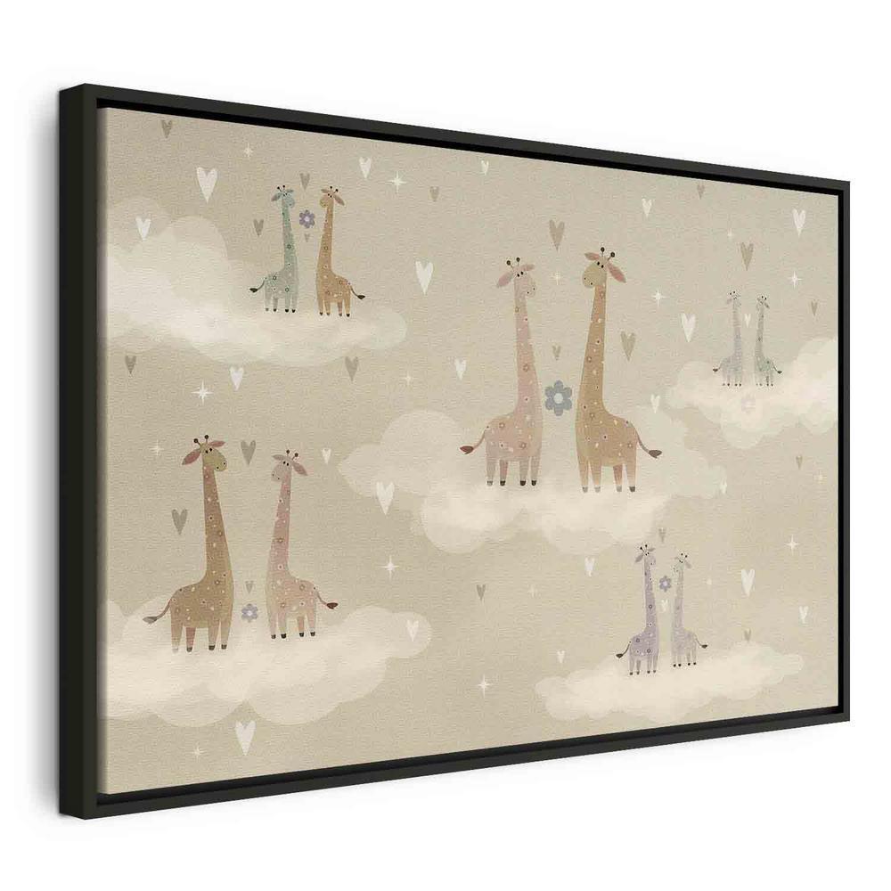 Impression sur toile - Amour - Girafes colorées flottant sur des nuages ​​parmi des cœurs et des étoiles