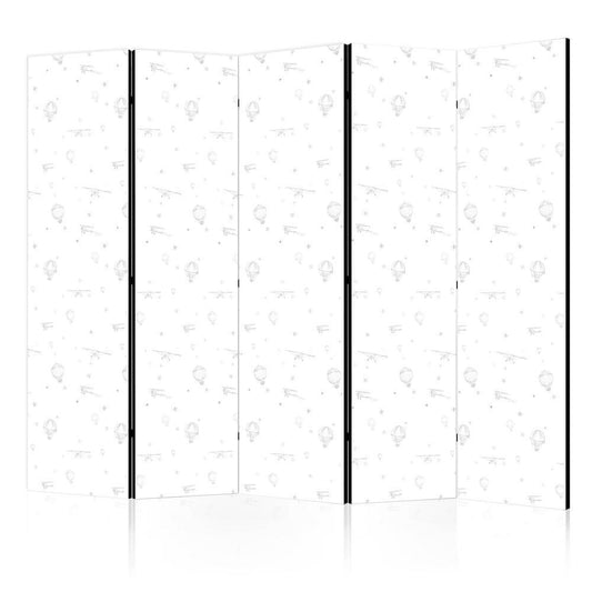 Room Divider - Watercolor - Airplanes and Balloons Painted on a White Sky Background- A 5 Panel Folding Screen For Living rooms, bedrooms or home office, decorative folding screen made with wood and canvas