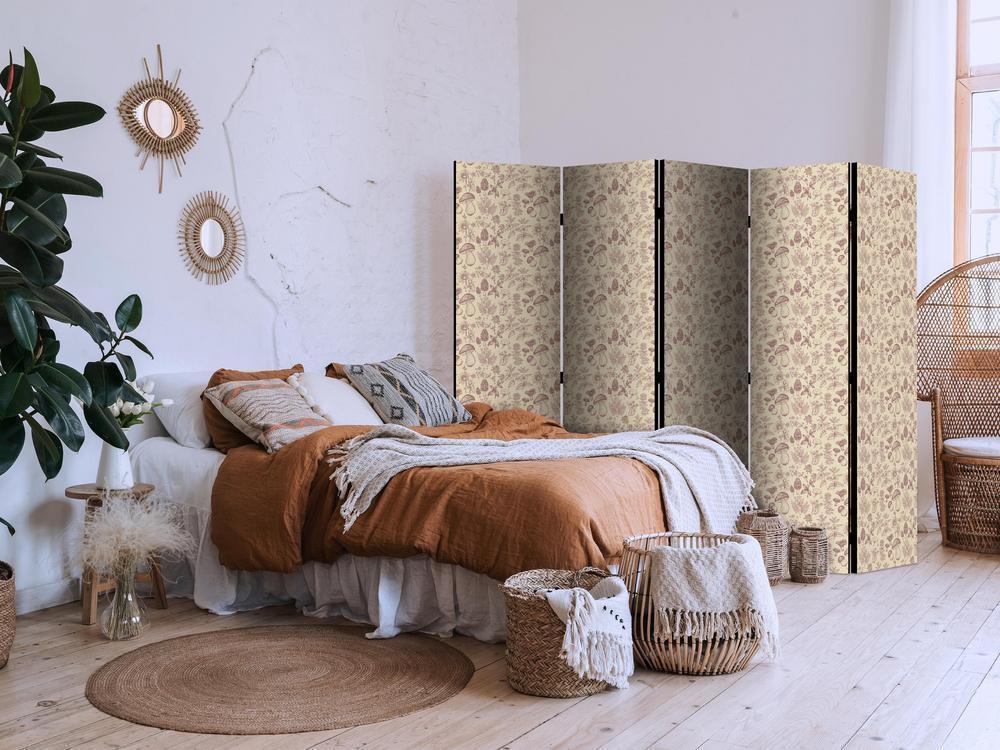 Room Divider - Beige Nature of the Forest - Mushrooms Flowers and Herbs on a Light Background- A 5 Panel Folding Screen For Living rooms, bedrooms or home office, decorative folding screen made with wood and canvas