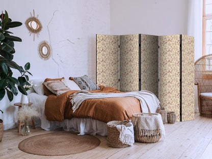 Room Divider - Beige Nature of the Forest - Mushrooms Flowers and Herbs on a Light Background- A 5 Panel Folding Screen For Living rooms, bedrooms or home office, decorative folding screen made with wood and canvas