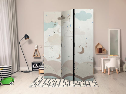 Room Divider - Cloudy Night Sky - Moons in Browns and Beiges Amid Numerous Clouds and Stars on a Light Background