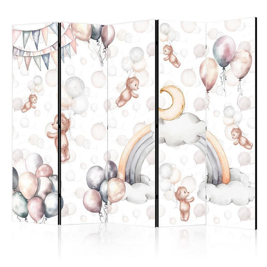 Room Divider - Plush Bears with Balloons - Flying Light-Brown Bears Among Balloons - Clouds - and Rainbows in Subdued - Pastel Hues- A 5 Panel Folding Screen For Living rooms, bedrooms or home office, decorative folding screen made with wood and canvas