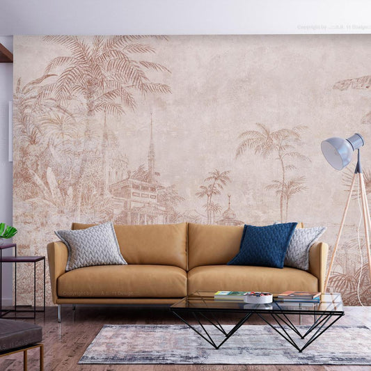 Wall Mural - Landscape with temple - engraving of Indian architecture with palm trees-Wall Murals-ArtfulPrivacy