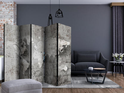 Room Divider - Map and letter II- A 5 Panel Folding Screen For Living rooms, bedrooms or home office, decorative folding screen made with wood and canvas