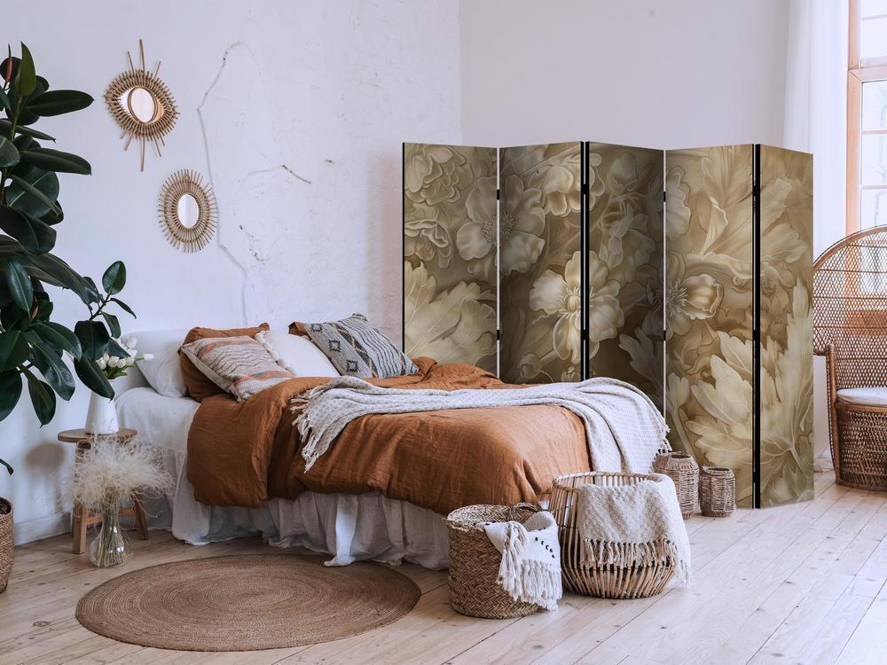 Room Divider - Carved Floral Ornaments in Soft Sepia and Brown Tones- A 5 Panel Folding Screen For Living rooms, bedrooms or home office, decorative folding screen made with wood and canvas