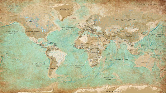 Wall Mural - Turquoise World Map II-Wall Murals-ArtfulPrivacy