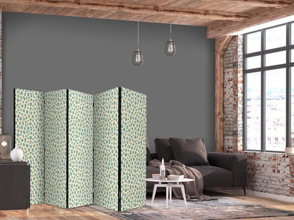 Room Divider - Giraffe Pattern - Animal Pattern in Turquoise Spots on a Light Background- A 5 Panel Folding Screen For Living rooms, bedrooms or home office, decorative folding screen made with wood and canvas