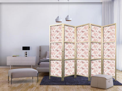 Japanese Room Divider - Pink Blossoming - Flowers in Warm Colors on a White Background