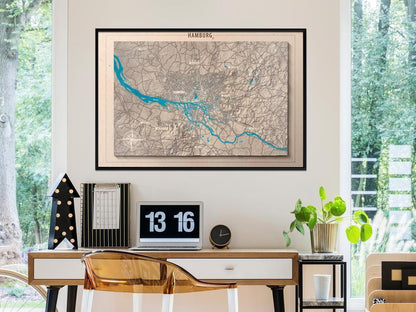 Wall Art Framed - Raised Relief Map: Hamburg-artwork for wall with acrylic glass protection