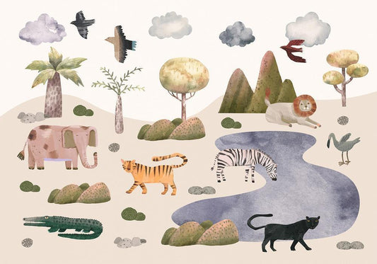 Wall Mural - Africa for Toddlers - Savannah Animals in Pastel Colours-Wall Murals-ArtfulPrivacy