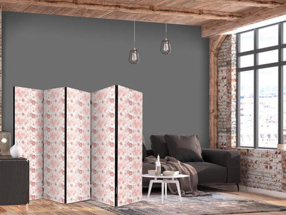 Room Divider - Pink Blossoming - Flowers in Warm Colors on a White Background- A 5 Panel Folding Screen For Living rooms, bedrooms or home office, decorative folding screen made with wood and canvas