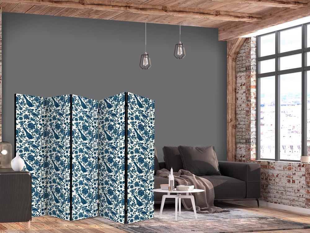 Room Divider - Rose Vines - Monochromatic Blue Birds Resting Among Roses- A 5 Panel Folding Screen For Living rooms, bedrooms or home office, decorative folding screen made with wood and canvas