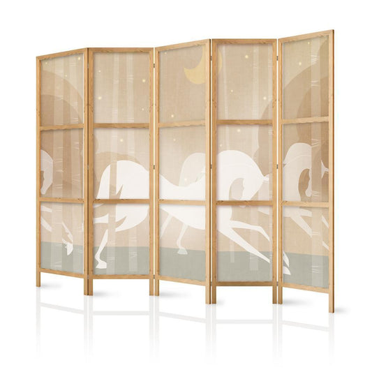 Japanese Room Divider - Moonlit Steeds - Horses galloping among trees on a starry night