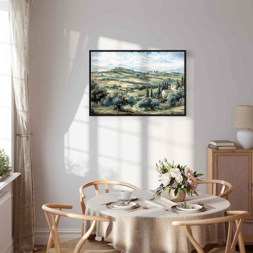 Impression sur toile - Paysage avec champs verts et arbres Vue ensoleillée de Toscane