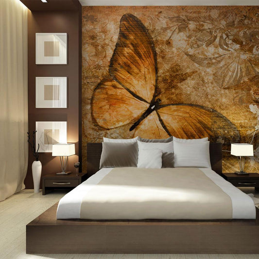 Wall Mural - Insect World - Beautiful butterfly on a background with floral patterns in sepia-Wall Murals-ArtfulPrivacy