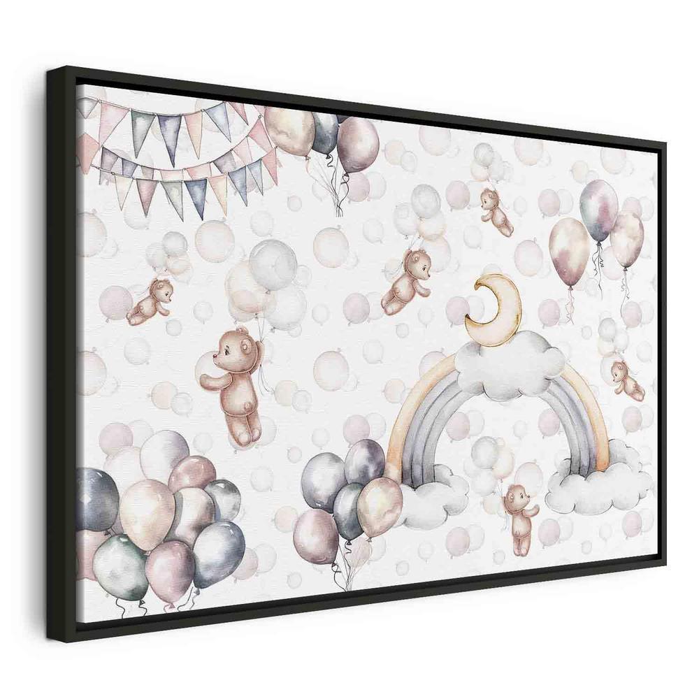 Impression sur toile - Oursons en peluche avec ballons - Oursons en peluche volants parmi des ballons Nuages ​​et arcs-en-ciel dans des teintes pastel subtiles